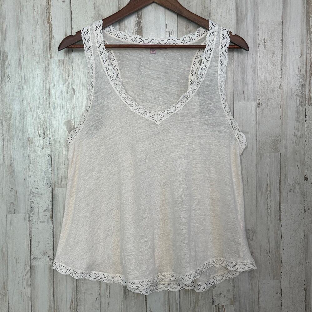 Calypso St Barth 100 Linen Tank Top Large Ivory Lacey Hem Coquette Festival EUC